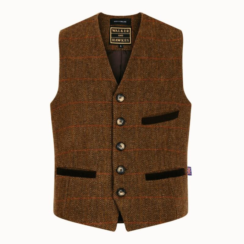 Alcott Tweed Formal Waistcoat  Vest  Brun Med Rød Stribe   Xs